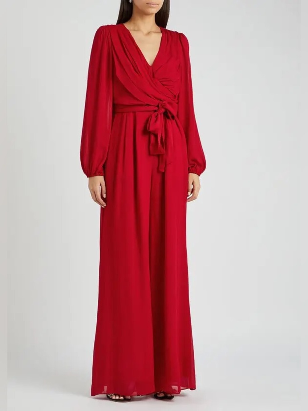Diane Von Furstenberg Red Wrap Jumpsuit with Tie Waist